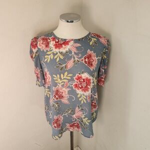 LOFT Women's Blue Floral Print Puff Sleeve Blouse Top Size S